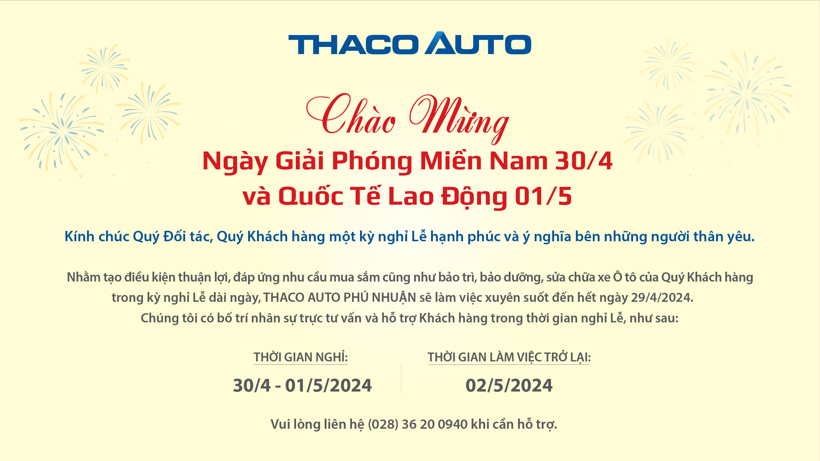 THACO AUTO PHÚ NHUẬN THÔNG BÁO LỊCH LÀM VIỆC TRONG DỊP LỄ 30/04 - 01/05